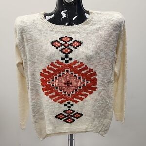 Cream and Orange Patterned Women's Sweater With Shimmery Gold Throughout